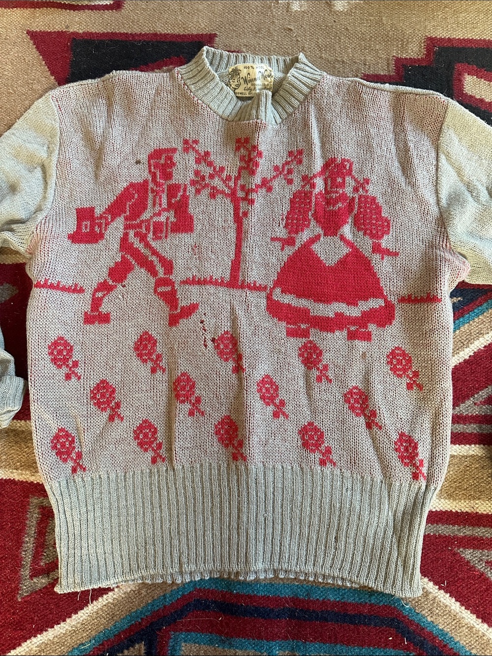 Vintage 40s Novelty Wool Knit Dutch Lovers Sweater